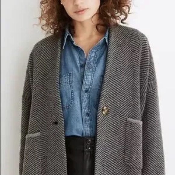 Madewell Black and Gray Herringbone Crop Sweater Jacket Blazer - Picture 1 of 6